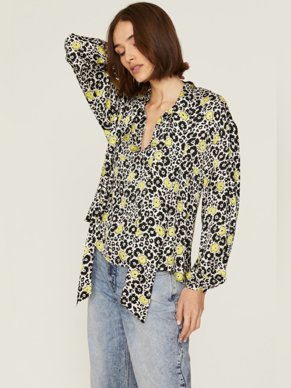 The Kooples Black and Yellow Floral V-Neck Blouse~Size 1 (US Small)~$255~